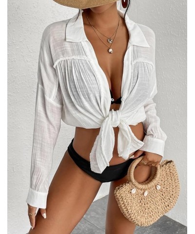 Long Sleeve Cover Up Oversized White Button Down Shirt Women Black Coverup White $17.15 Swimsuits