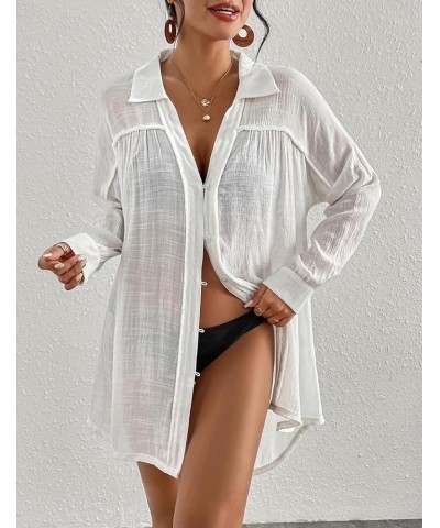 Long Sleeve Cover Up Oversized White Button Down Shirt Women Black Coverup White $17.15 Swimsuits