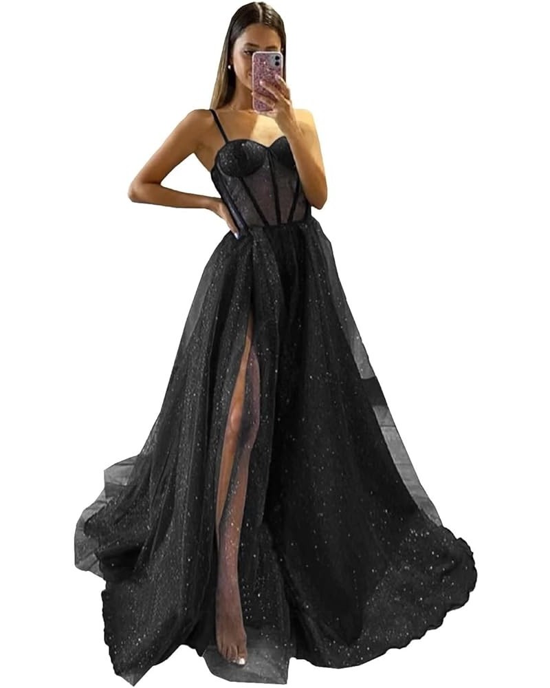 Women's Glitter Tulle Prom Dresses Long 2023 Spaghetti Straps Sweetheart Formal Evening Party Gowns with Slit Black $33.27 Dr...