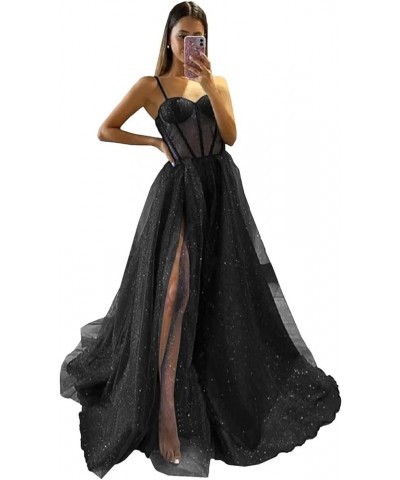 Women's Glitter Tulle Prom Dresses Long 2023 Spaghetti Straps Sweetheart Formal Evening Party Gowns with Slit Black $33.27 Dr...