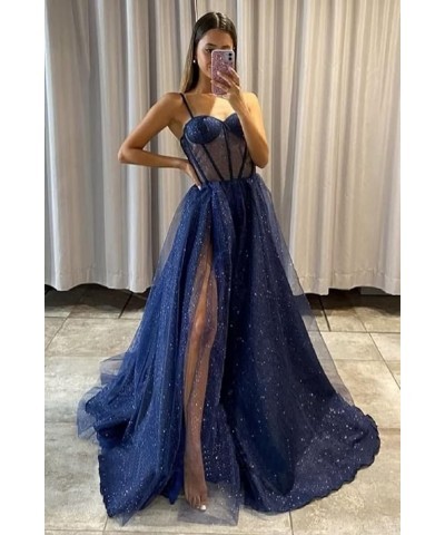 Women's Glitter Tulle Prom Dresses Long 2023 Spaghetti Straps Sweetheart Formal Evening Party Gowns with Slit Black $33.27 Dr...