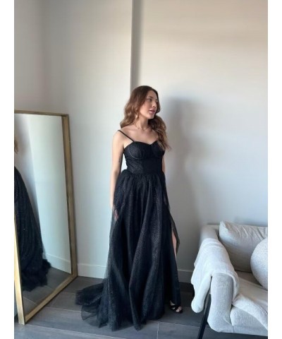 Women's Glitter Tulle Prom Dresses Long 2023 Spaghetti Straps Sweetheart Formal Evening Party Gowns with Slit Black $33.27 Dr...