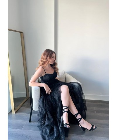 Women's Glitter Tulle Prom Dresses Long 2023 Spaghetti Straps Sweetheart Formal Evening Party Gowns with Slit Black $33.27 Dr...