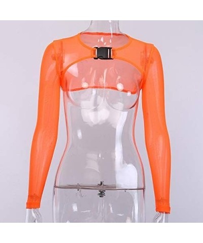 See Through Mesh Crop Top Sheer Open Front Shrug Fishnet Cover Ups with Buckle Orange $11.72 Tanks