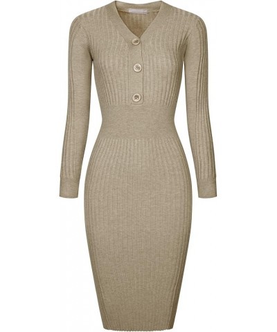 Women's Bodycon Ribbed Dress Long Sleeve Button Front Basic Knitted Sheath Dress Khaki $19.27 Dresses