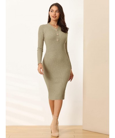 Women's Bodycon Ribbed Dress Long Sleeve Button Front Basic Knitted Sheath Dress Khaki $19.27 Dresses