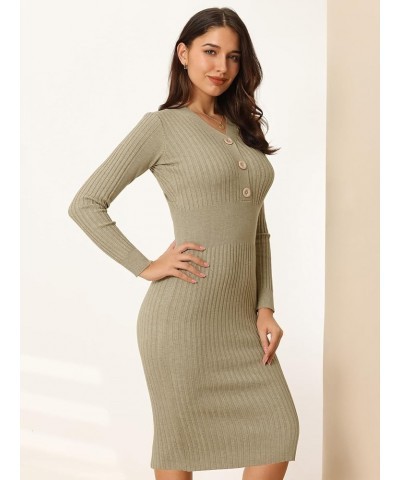 Women's Bodycon Ribbed Dress Long Sleeve Button Front Basic Knitted Sheath Dress Khaki $19.27 Dresses