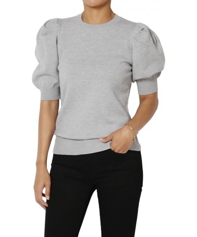 Women's Puff Short Sleeve Sweater Crew Neck Casual Pullover Knit Top Puff Heather Grey $15.98 Sweaters