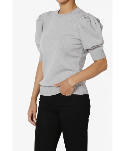 Women's Puff Short Sleeve Sweater Crew Neck Casual Pullover Knit Top Puff Heather Grey $15.98 Sweaters