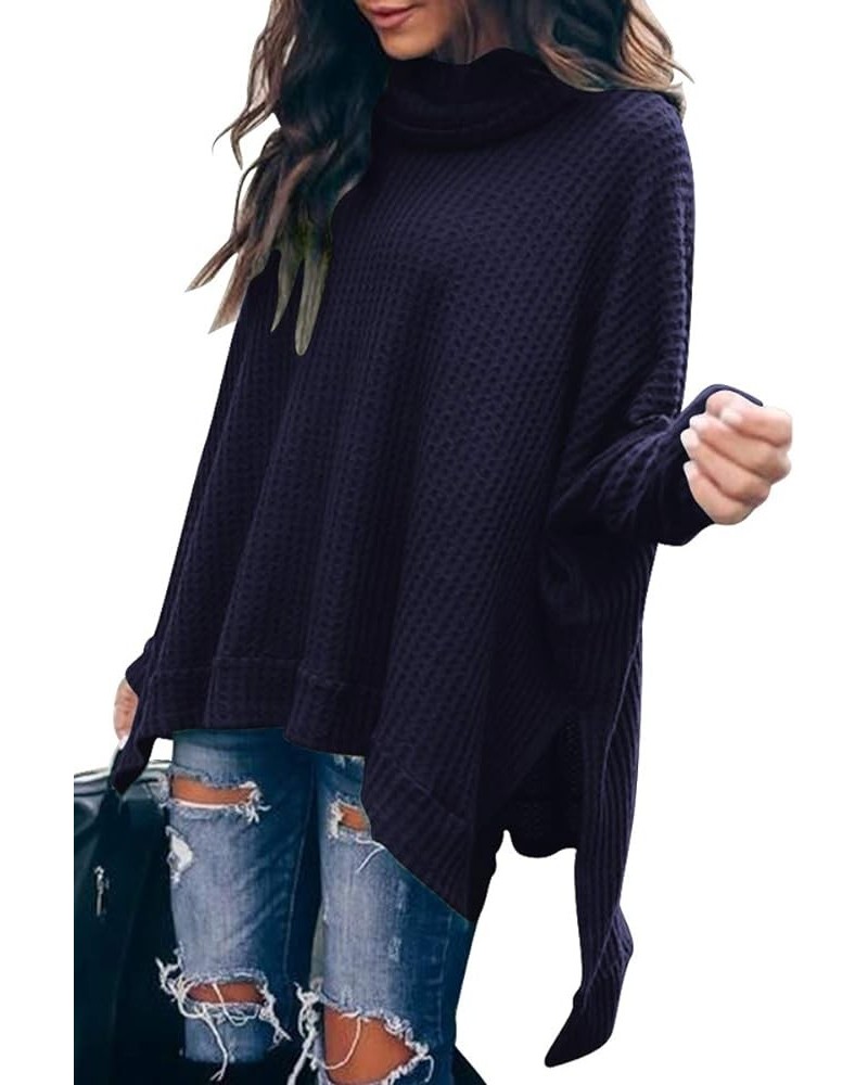 Women's Sweater 2023 Fall Oversized Turtleneck Long Batwing Sleeve Waffle Knit Split Hem Tunic Pullover Tops Navyblue $15.18 ...