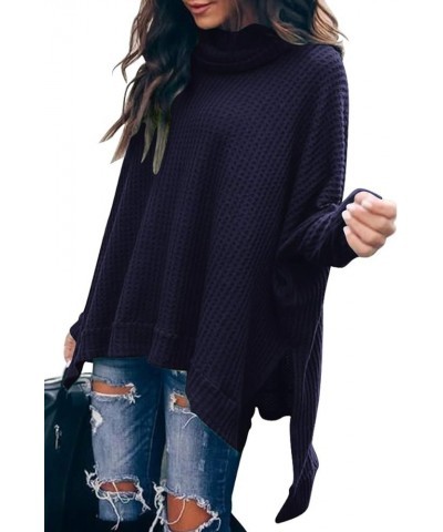 Women's Sweater 2023 Fall Oversized Turtleneck Long Batwing Sleeve Waffle Knit Split Hem Tunic Pullover Tops Navyblue $15.18 ...