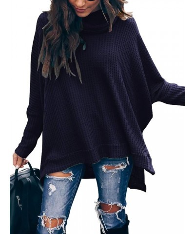 Women's Sweater 2023 Fall Oversized Turtleneck Long Batwing Sleeve Waffle Knit Split Hem Tunic Pullover Tops Navyblue $15.18 ...