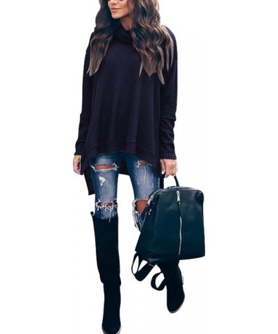 Women's Sweater 2023 Fall Oversized Turtleneck Long Batwing Sleeve Waffle Knit Split Hem Tunic Pullover Tops Navyblue $15.18 ...