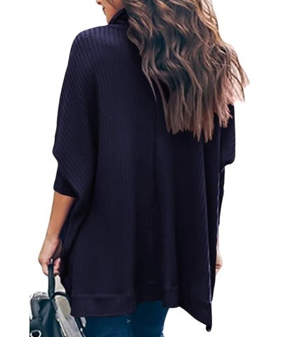 Women's Sweater 2023 Fall Oversized Turtleneck Long Batwing Sleeve Waffle Knit Split Hem Tunic Pullover Tops Navyblue $15.18 ...