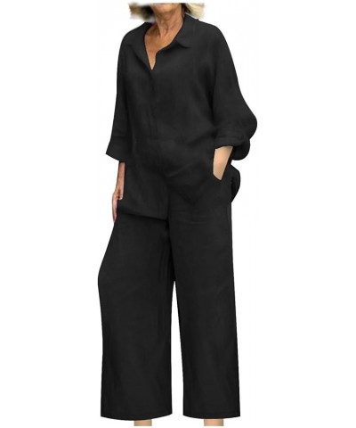 Women's 2 Piece Cotton Linen Outfits Trendy Dressy Business Work Suits Button Down Long Sleeve Shirt Pants Suit Black $9.35 S...