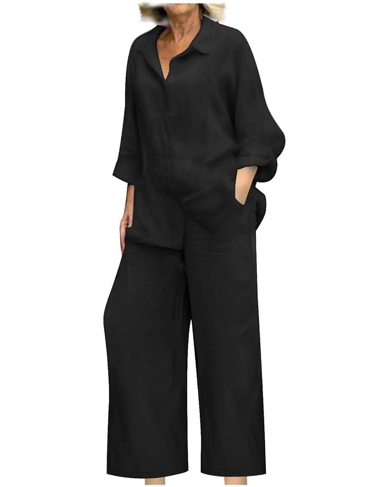 Women's 2 Piece Cotton Linen Outfits Trendy Dressy Business Work Suits Button Down Long Sleeve Shirt Pants Suit Black $9.35 S...