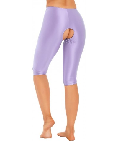 Womens Seamless Short Leggings Shiny Oily Cutout Tights Stretchy Base Layer Bottoms Light Purple $6.24 Leggings