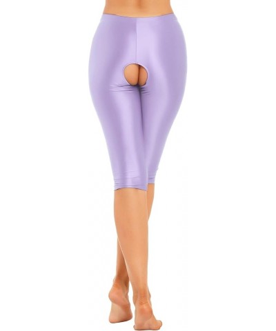 Womens Seamless Short Leggings Shiny Oily Cutout Tights Stretchy Base Layer Bottoms Light Purple $6.24 Leggings