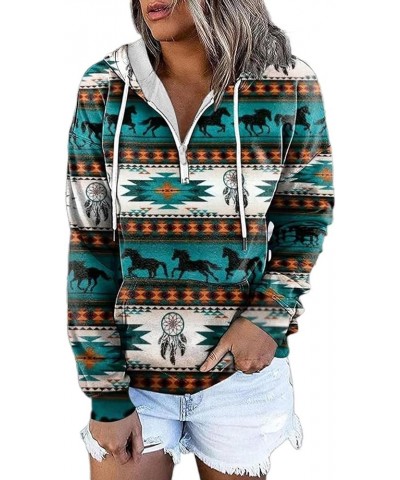 Women's 1/4 Zip Up Aztec Hoodie Western Ethnic Print Casual Long Sleeve Pullover Hooded Sweatshirt Pocket Plus Size 01-green ...