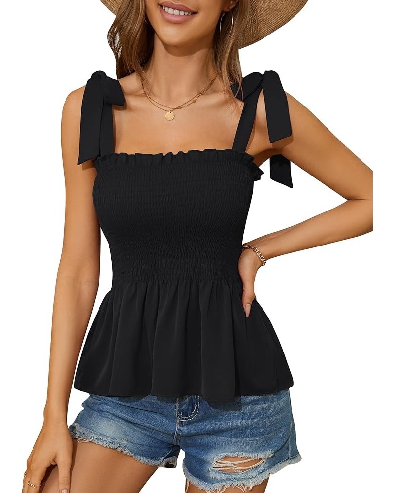 Ruffle Smocked Tank Tops for Women Summer Square Neck Sleeveless Tops Tie Shoulder Chiffon Blouse Babydoll Shirts Black $11.5...