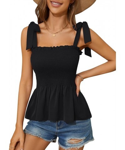 Ruffle Smocked Tank Tops for Women Summer Square Neck Sleeveless Tops Tie Shoulder Chiffon Blouse Babydoll Shirts Black $11.5...