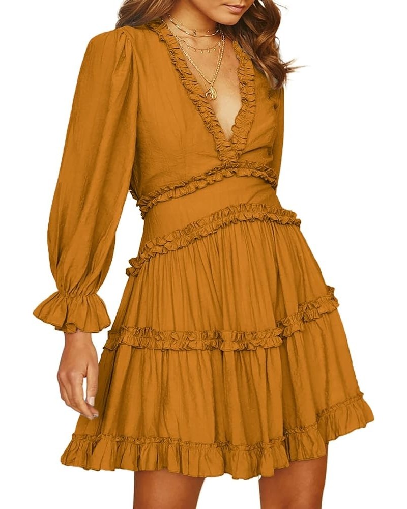 Womens Fashion Spring Summer Deep V Neck Long Sleeve Ruffle Layer A-Line Swing Mini Dress Solid Orange $19.74 Dresses