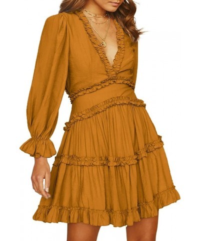 Womens Fashion Spring Summer Deep V Neck Long Sleeve Ruffle Layer A-Line Swing Mini Dress Solid Orange $19.74 Dresses