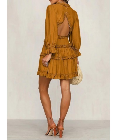 Womens Fashion Spring Summer Deep V Neck Long Sleeve Ruffle Layer A-Line Swing Mini Dress Solid Orange $19.74 Dresses