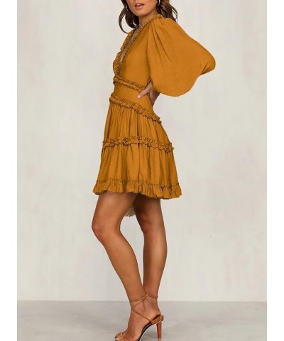 Womens Fashion Spring Summer Deep V Neck Long Sleeve Ruffle Layer A-Line Swing Mini Dress Solid Orange $19.74 Dresses