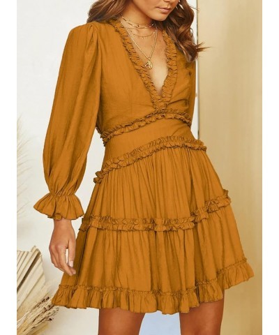 Womens Fashion Spring Summer Deep V Neck Long Sleeve Ruffle Layer A-Line Swing Mini Dress Solid Orange $19.74 Dresses