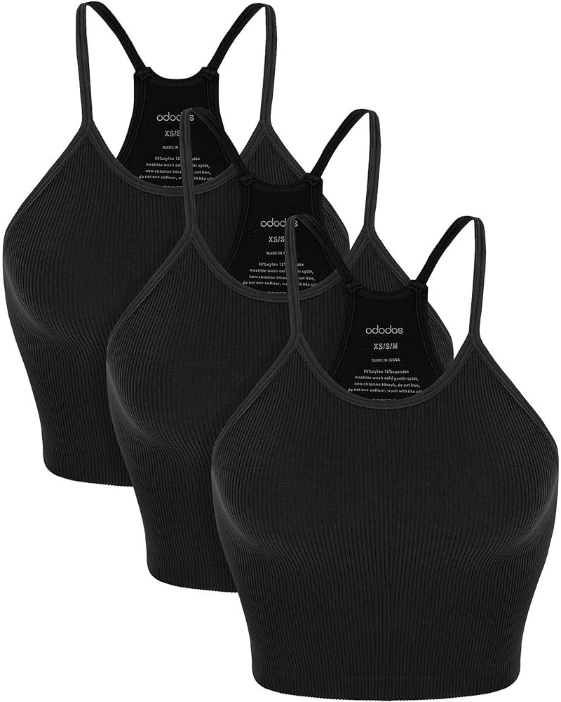 Women's Crop 3-Pack Washed Seamless Rib-Knit Camisole Crop Tank Tops Black-3 Pack (Crop) $13.59 Tanks