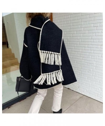 Women's Tassel Scarf Coat Long Sleeve Casual Winter Coats,Embroidered Button Down Woolen Blend Jacket With Pockets Black and ...