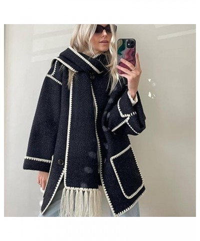 Women's Tassel Scarf Coat Long Sleeve Casual Winter Coats,Embroidered Button Down Woolen Blend Jacket With Pockets Black and ...