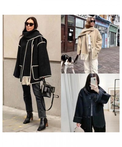 Women's Tassel Scarf Coat Long Sleeve Casual Winter Coats,Embroidered Button Down Woolen Blend Jacket With Pockets Black and ...