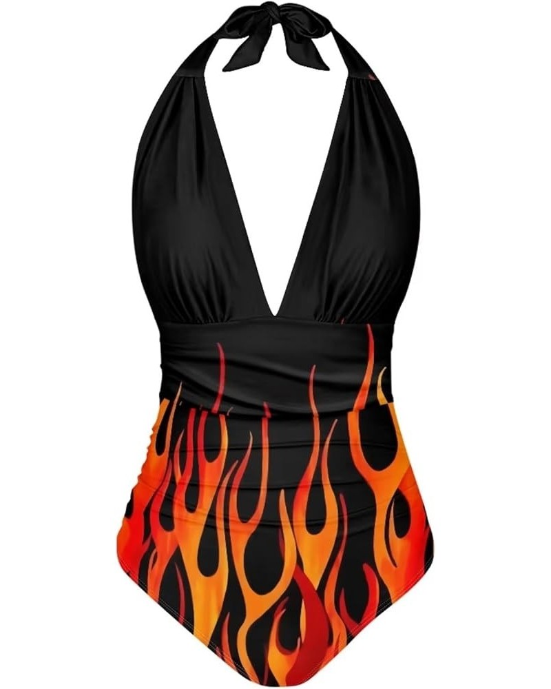 Swimsuits for Women One Piece Tummy Control V-Neck Halter High Cut Bathing Suits Vacation Swimwear Flame Print $15.19 Swimsuits