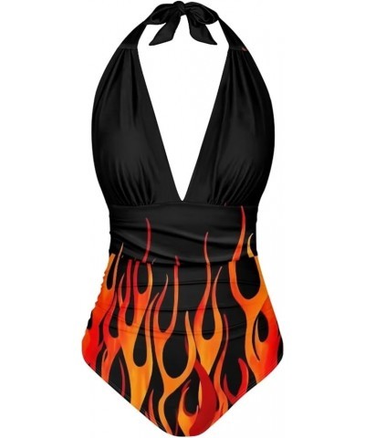 Swimsuits for Women One Piece Tummy Control V-Neck Halter High Cut Bathing Suits Vacation Swimwear Flame Print $15.19 Swimsuits