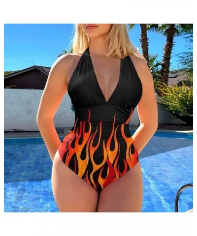 Swimsuits for Women One Piece Tummy Control V-Neck Halter High Cut Bathing Suits Vacation Swimwear Flame Print $15.19 Swimsuits