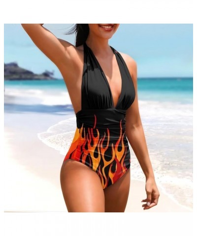 Swimsuits for Women One Piece Tummy Control V-Neck Halter High Cut Bathing Suits Vacation Swimwear Flame Print $15.19 Swimsuits