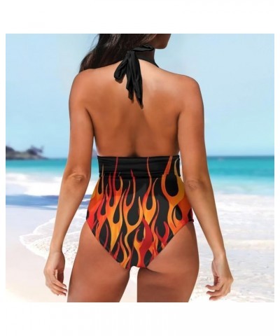 Swimsuits for Women One Piece Tummy Control V-Neck Halter High Cut Bathing Suits Vacation Swimwear Flame Print $15.19 Swimsuits