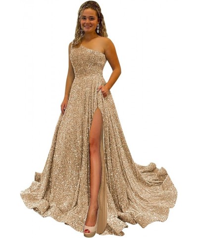 Women's Sequin One Shoulder Prom Dresses Long Slit Sparkly Formal Party Gowns with Pockets Champagne $23.10 Dresses