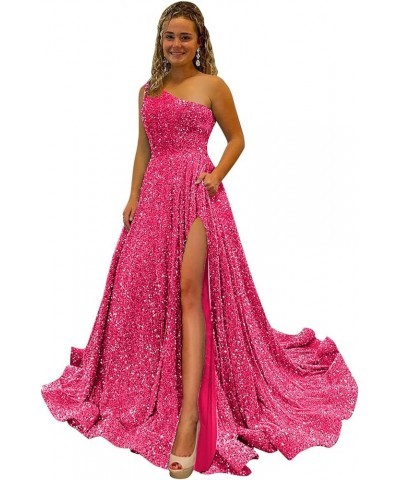 Women's Sequin One Shoulder Prom Dresses Long Slit Sparkly Formal Party Gowns with Pockets Champagne $23.10 Dresses