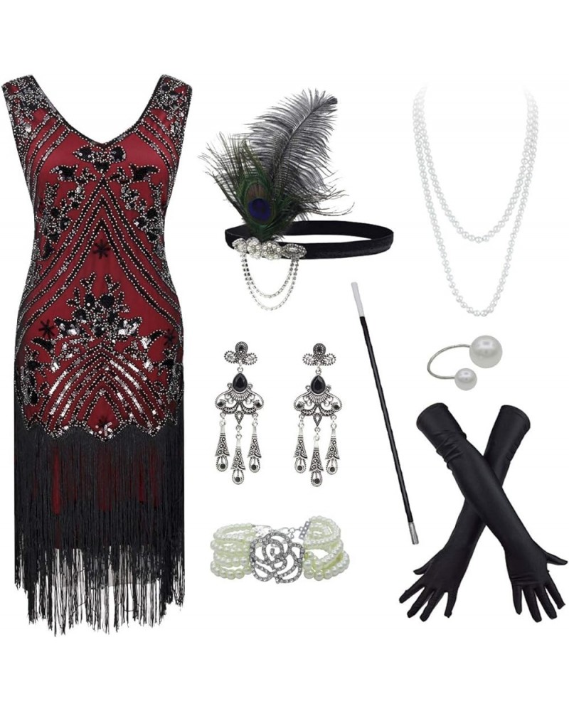 20's Vintage Peacock Sequin Flapper Dress w/ 20s Gatsby Accessories set Style03-wine $15.96 Dresses