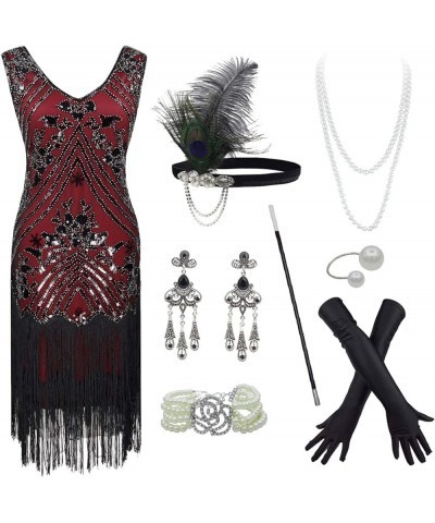 20's Vintage Peacock Sequin Flapper Dress w/ 20s Gatsby Accessories set Style03-wine $15.96 Dresses