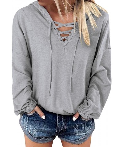 Women Lace Up Long Sleeve V Neck Casual Shirt Hoodie Tops Hooded Sweatshirt T-grey $11.44 Hoodies & Sweatshirts