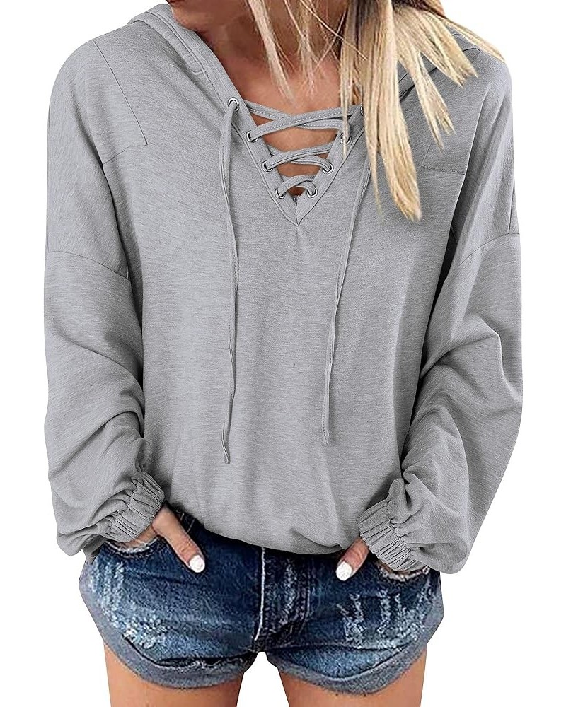 Women Lace Up Long Sleeve V Neck Casual Shirt Hoodie Tops Hooded Sweatshirt T-grey $11.44 Hoodies & Sweatshirts