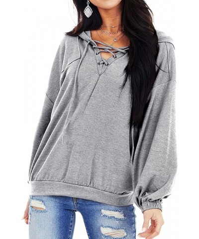 Women Lace Up Long Sleeve V Neck Casual Shirt Hoodie Tops Hooded Sweatshirt T-grey $11.44 Hoodies & Sweatshirts