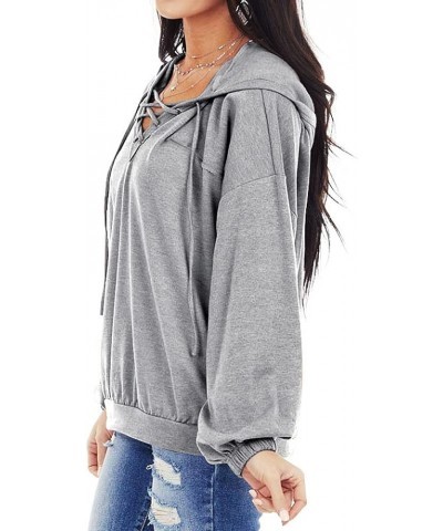 Women Lace Up Long Sleeve V Neck Casual Shirt Hoodie Tops Hooded Sweatshirt T-grey $11.44 Hoodies & Sweatshirts