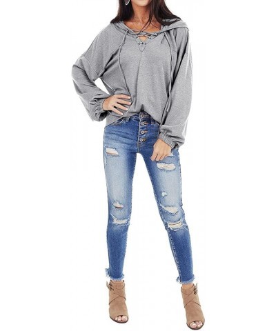 Women Lace Up Long Sleeve V Neck Casual Shirt Hoodie Tops Hooded Sweatshirt T-grey $11.44 Hoodies & Sweatshirts