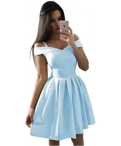 Women's Cold Shoulder Satin Homecoming Dresses for Teens Short V-Neck Formal Gowns with Pockets Sky Blue $22.00 Dresses