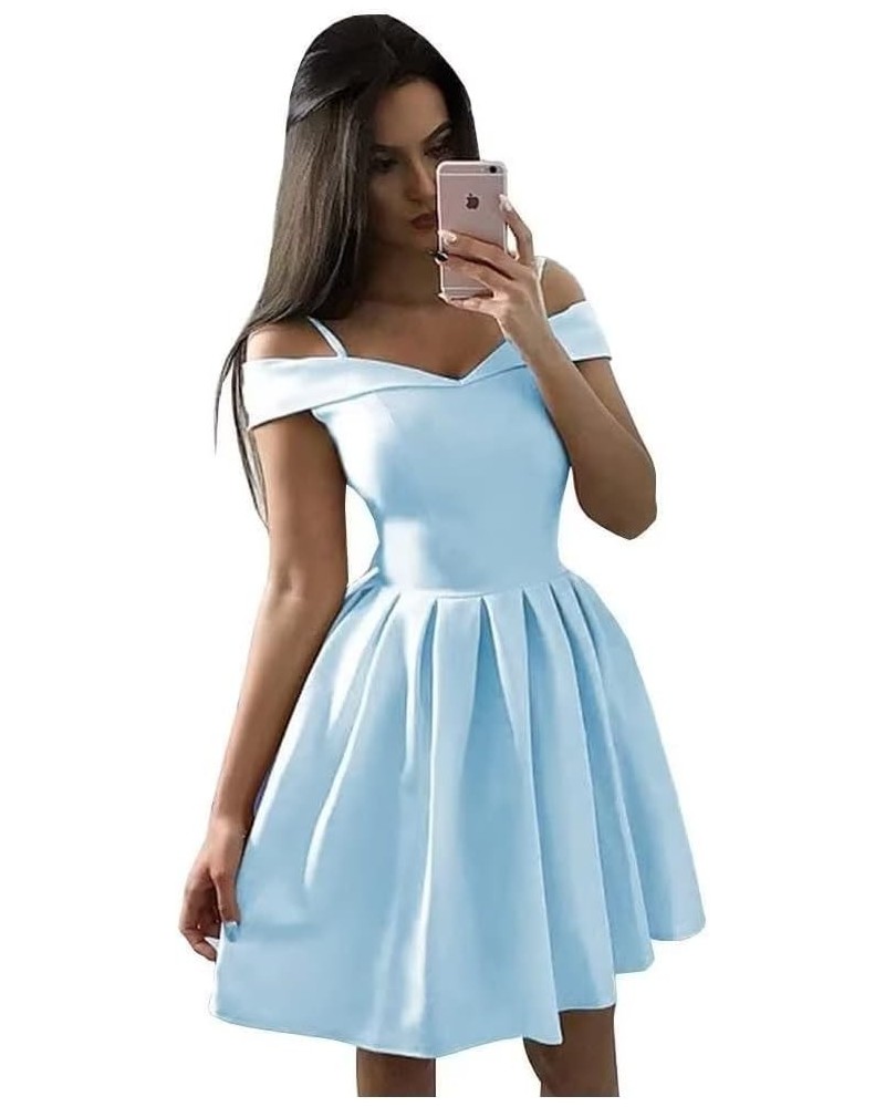 Women's Cold Shoulder Satin Homecoming Dresses for Teens Short V-Neck Formal Gowns with Pockets Sky Blue $22.00 Dresses